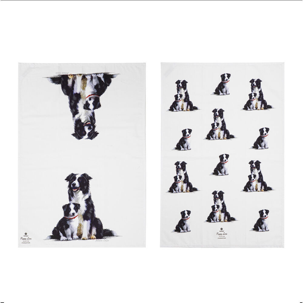 2x 2pc Ashdene Puppy Love Border Collie Kitchen Tea Towel 50x70cm - White