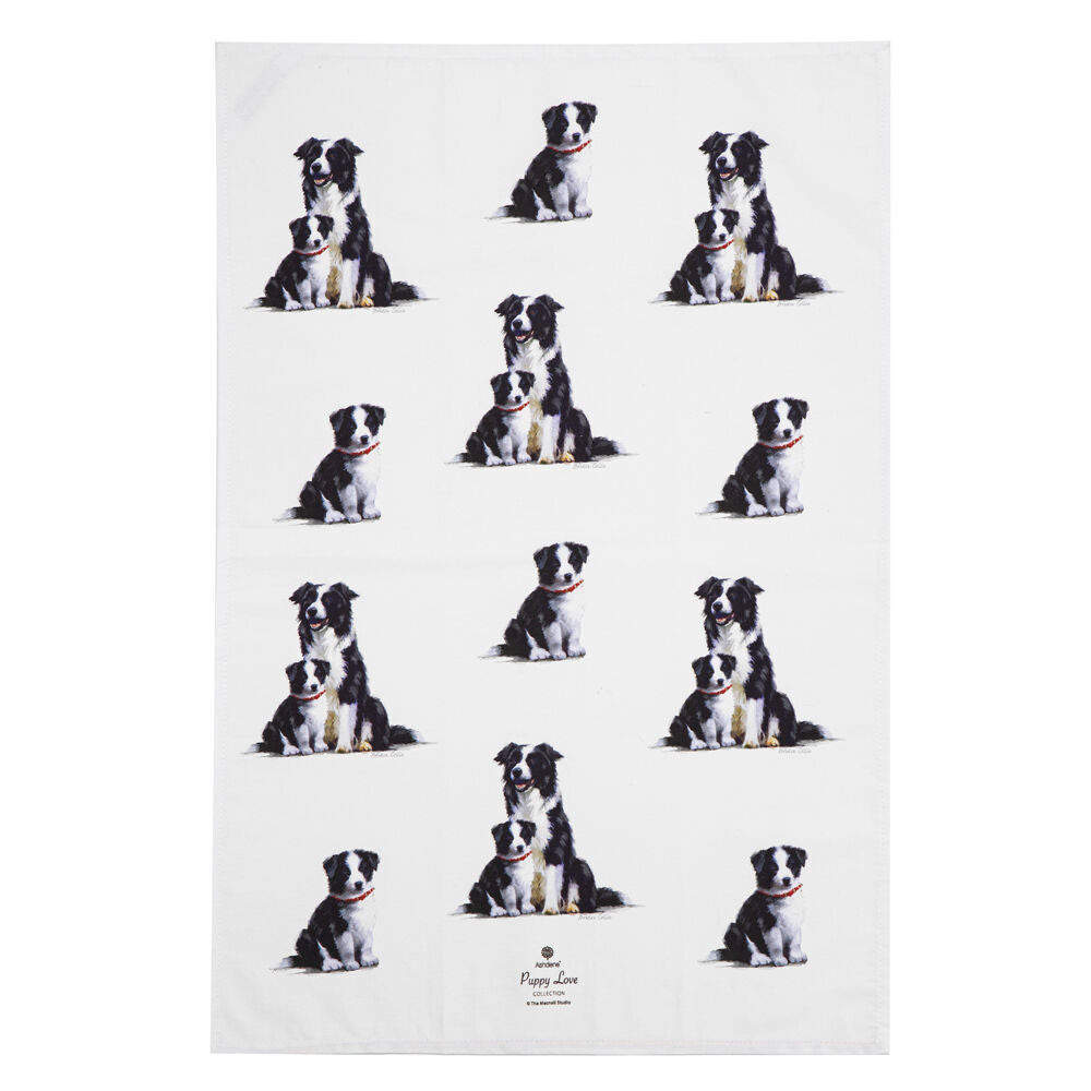 2x 2pc Ashdene Puppy Love Border Collie Kitchen Tea Towel 50x70cm - White