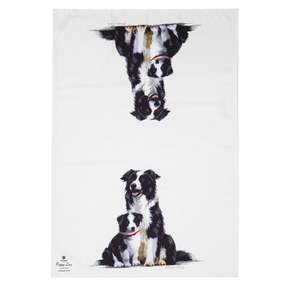 2x 2pc Ashdene Puppy Love Border Collie Kitchen Tea Towel 50x70cm - White