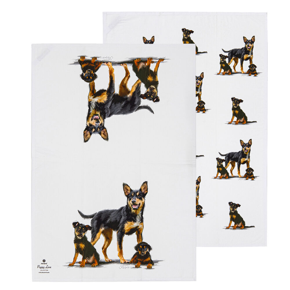 2x 2pc Ashdene Puppy Love Kelpie Kitchen Tea Towel 50x70cm - White