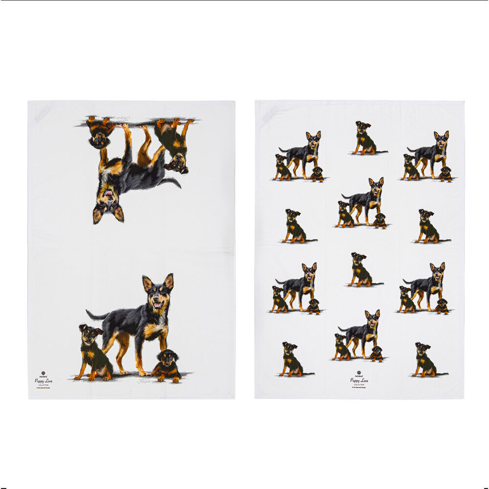 2x 2pc Ashdene Puppy Love Kelpie Kitchen Tea Towel 50x70cm - White