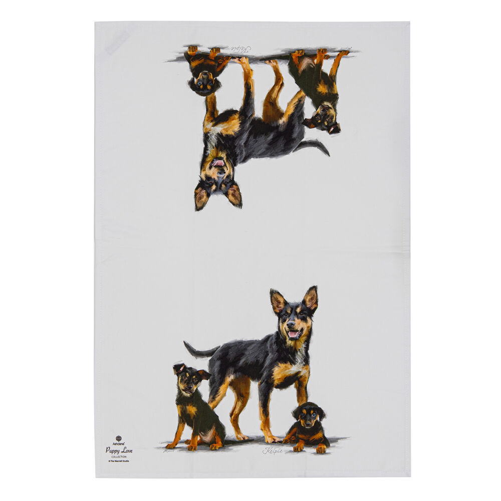 2x 2pc Ashdene Puppy Love Kelpie Kitchen Tea Towel 50x70cm - White