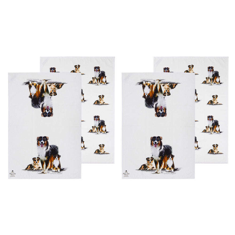 2x 2pc Ashdene Puppy Love Australian Shepherd Kitchen Tea Towel 50x70cm White
