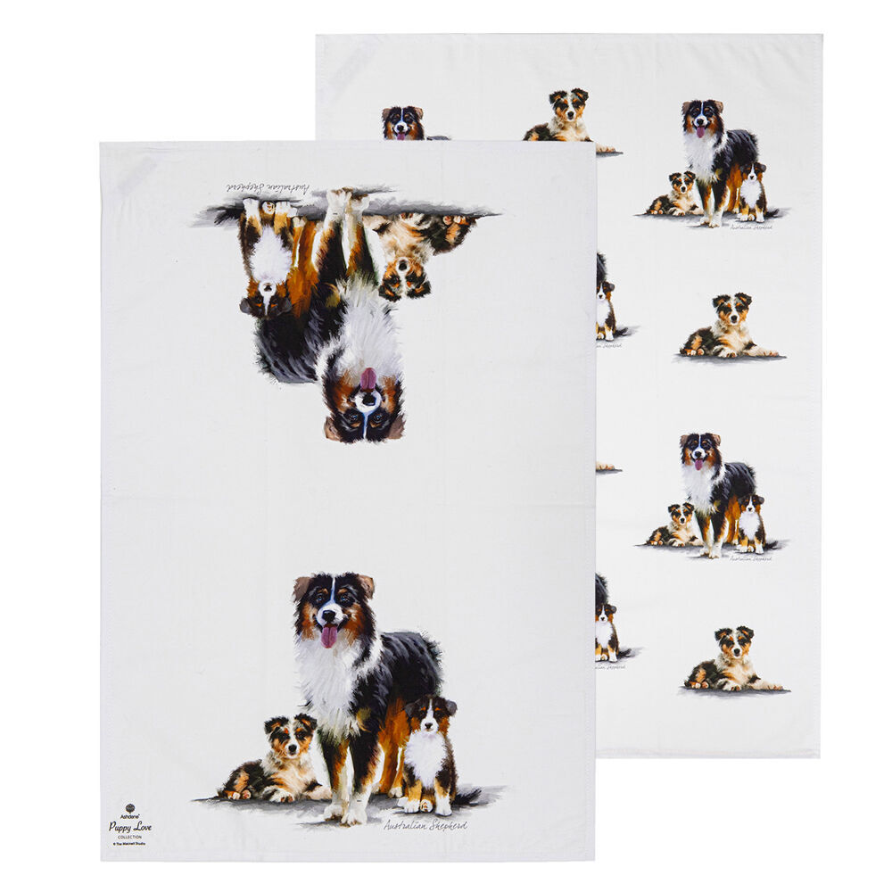 2x 2pc Ashdene Puppy Love Australian Shepherd Kitchen Tea Towel 50x70cm White