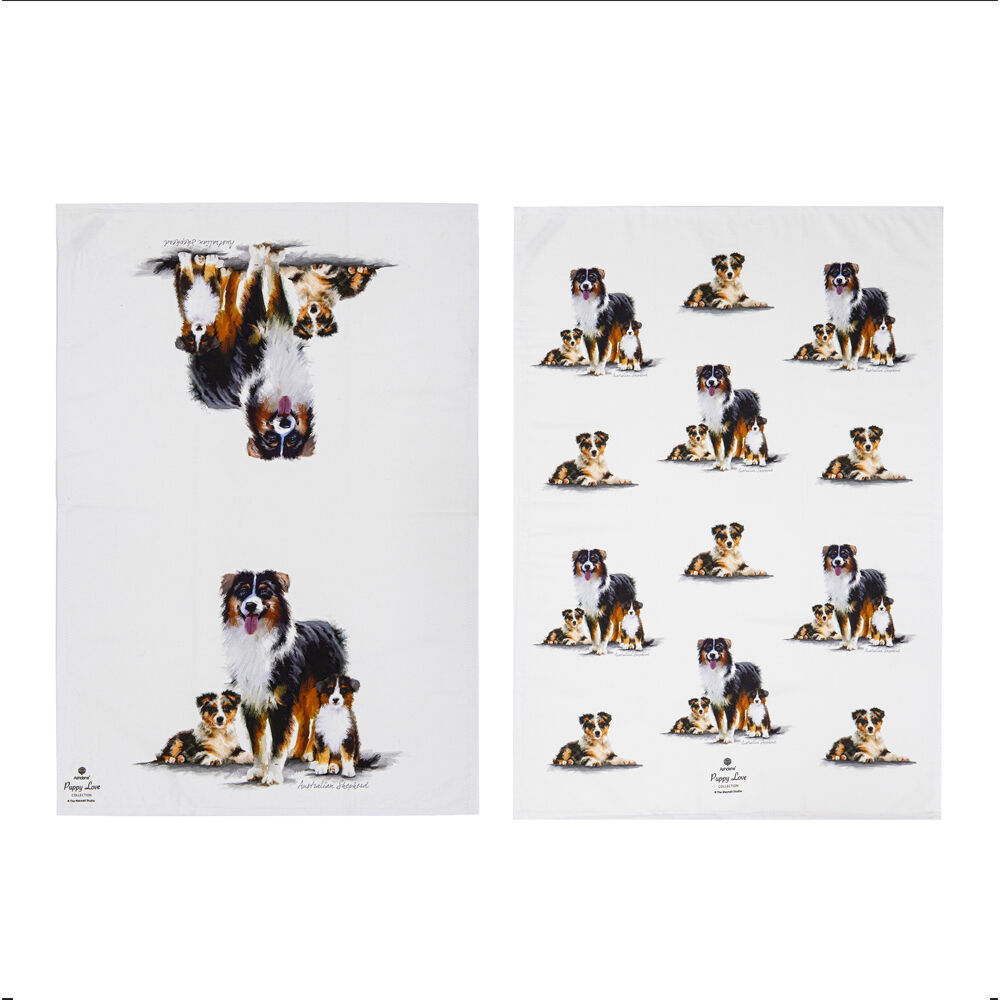 2x 2pc Ashdene Puppy Love Australian Shepherd Kitchen Tea Towel 50x70cm White