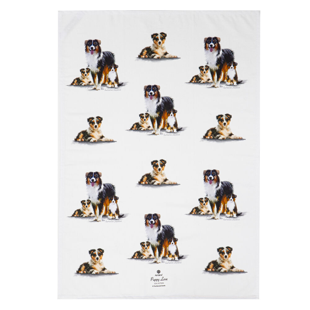 2x 2pc Ashdene Puppy Love Australian Shepherd Kitchen Tea Towel 50x70cm White