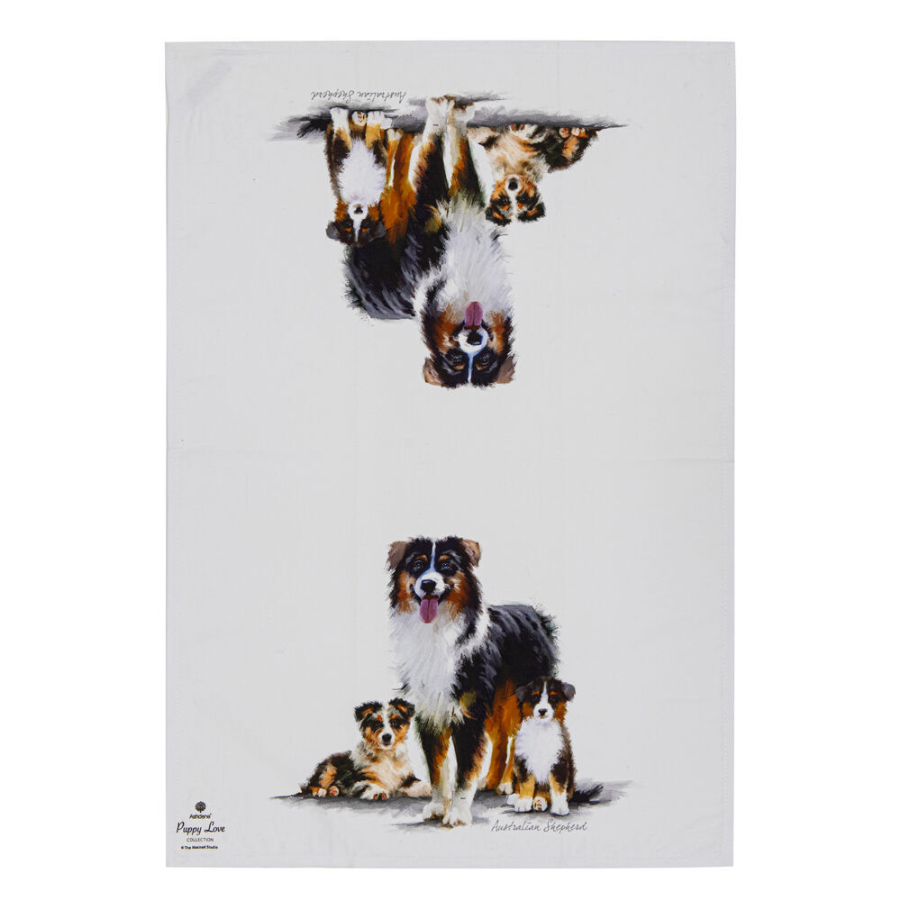 2x 2pc Ashdene Puppy Love Australian Shepherd Kitchen Tea Towel 50x70cm White