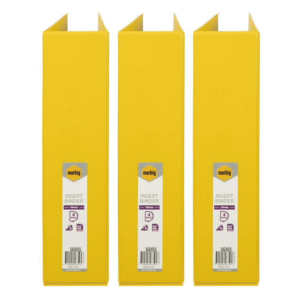 3PK Marbig PP Clearview 4 D-Ring 50mm A4 Insert Binder File Organiser - Yellow