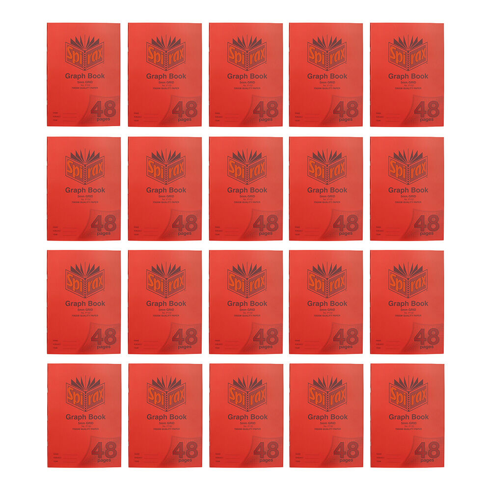 20PK Spirax P132 Protective PP Cover Graph Book A4 5mm Grid 48 Pages Red