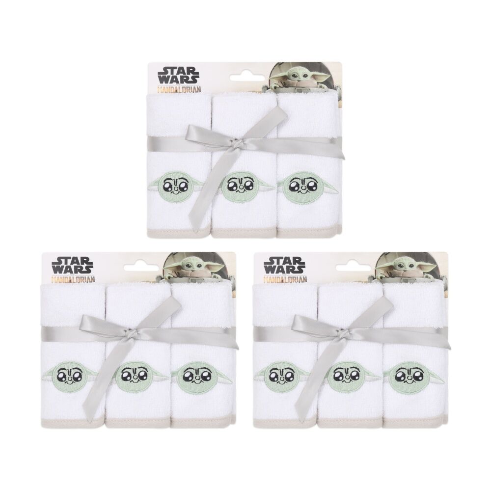 3x 3pc Lucas Film Grogu Star Wars Washcloths 100% Cotton White/Tan