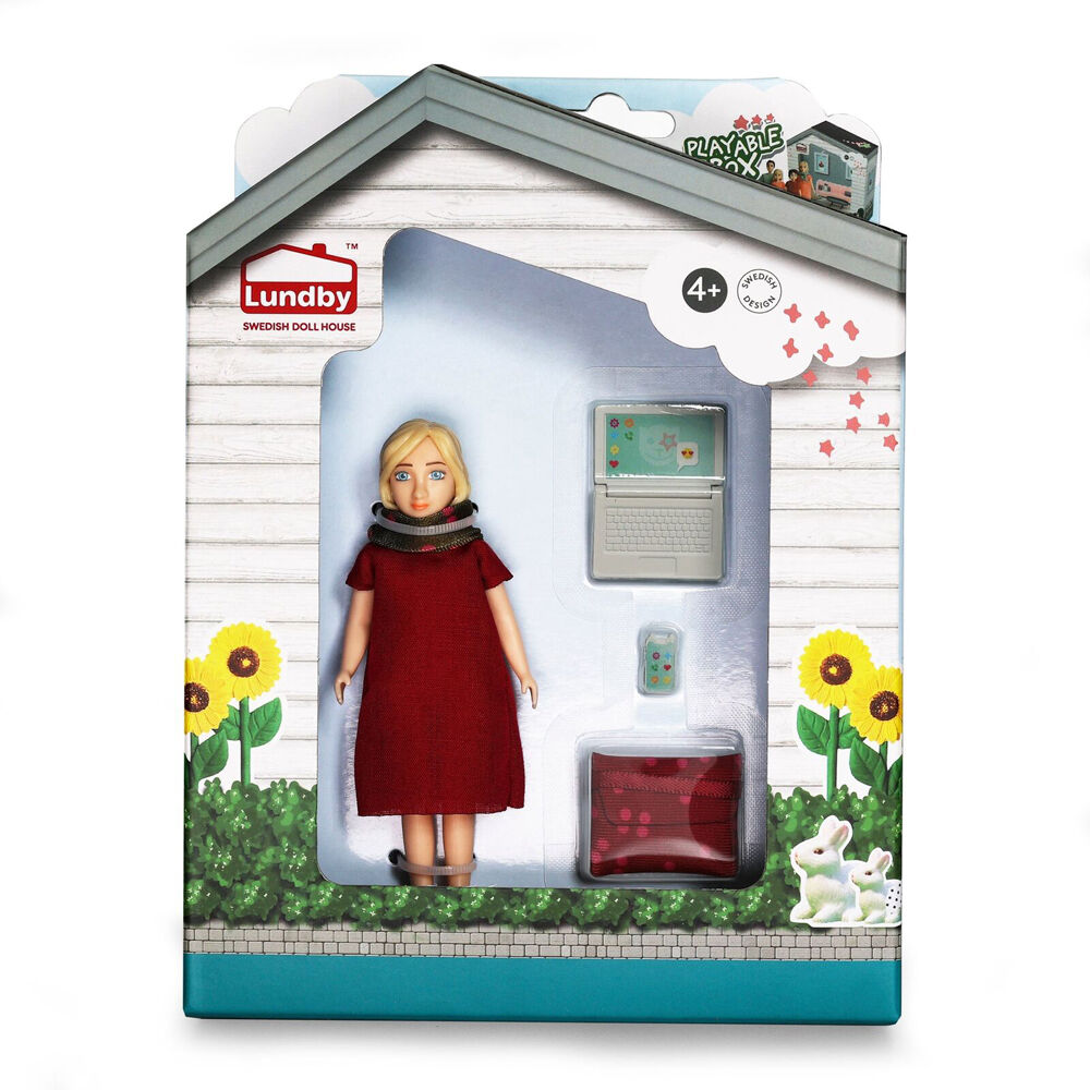 Lundby Woman w/ Laptop & Carry Bag 1:18 Miniature Dollhouse Figure Toy 4y+