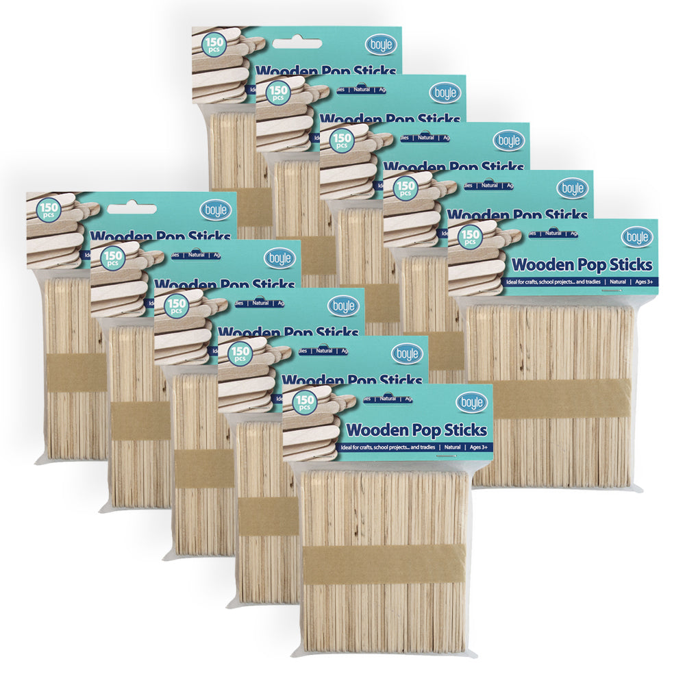 10x 150pc Boyle 13.5cm Craft Wooden Pop Stick Pack - Natural