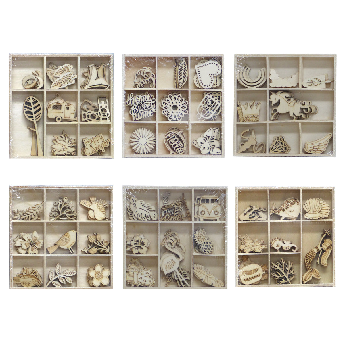 6x Boyle Mini Wood Craft Shaped Accent Pack - Assorted