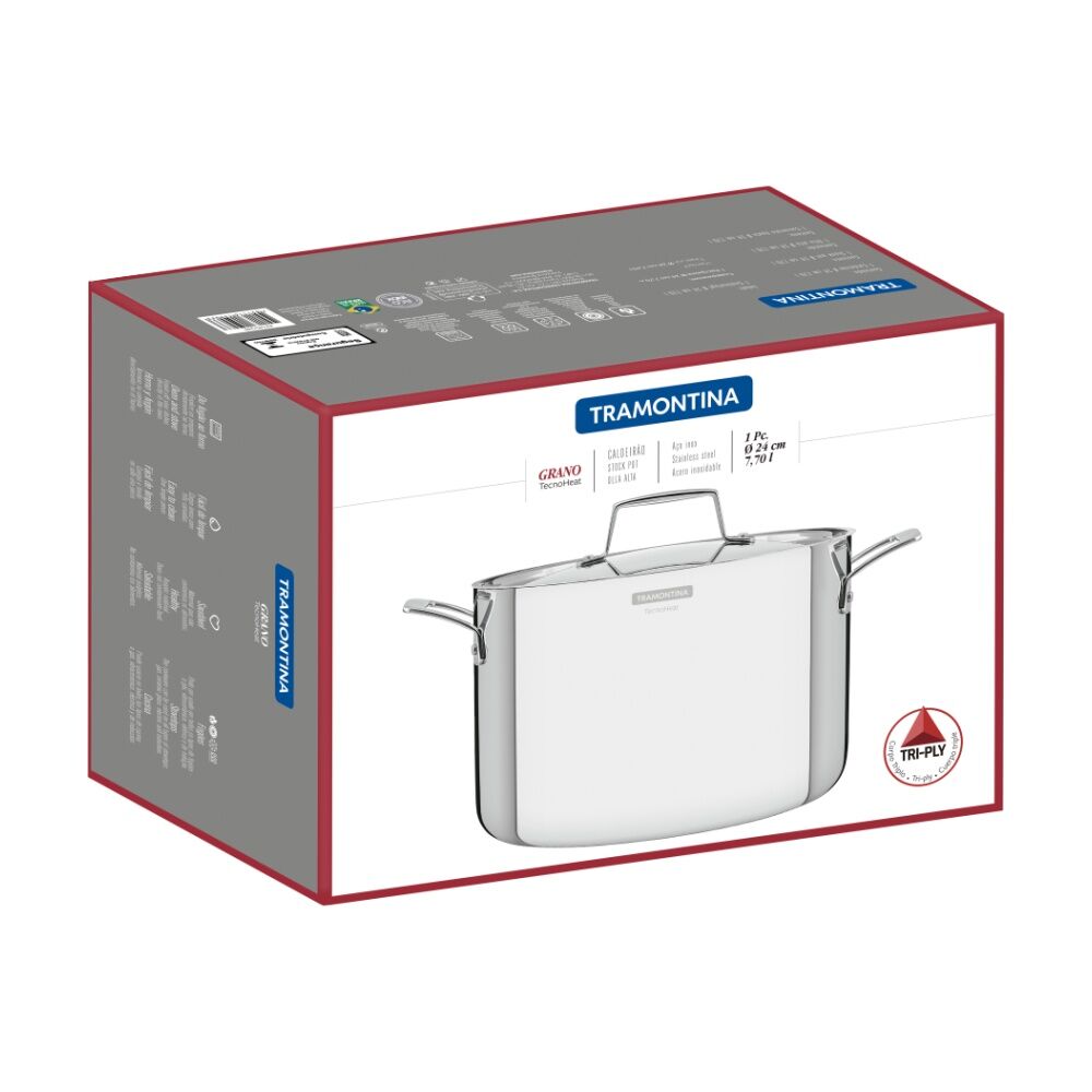 Tramontina Stock Pot Tri-Ply Stainless Steel Induction Safe w/Lid 24cm/7.7L