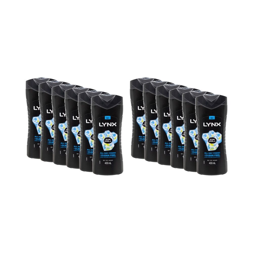 12PK Lynx 3-In-1 Body Face Hair Shower Gel for Men All Day Fresh 400ml Ice Chill