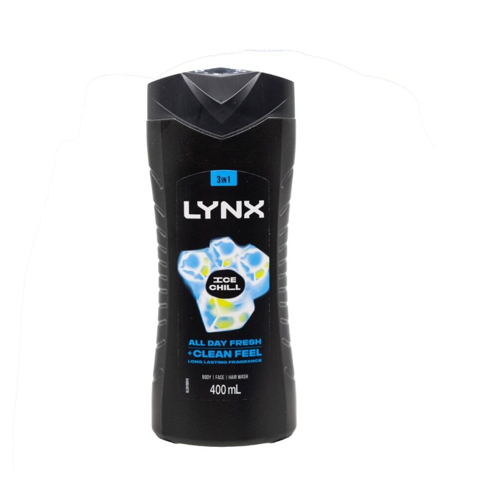 12PK Lynx 3-In-1 Body Face Hair Shower Gel for Men All Day Fresh 400ml Ice Chill