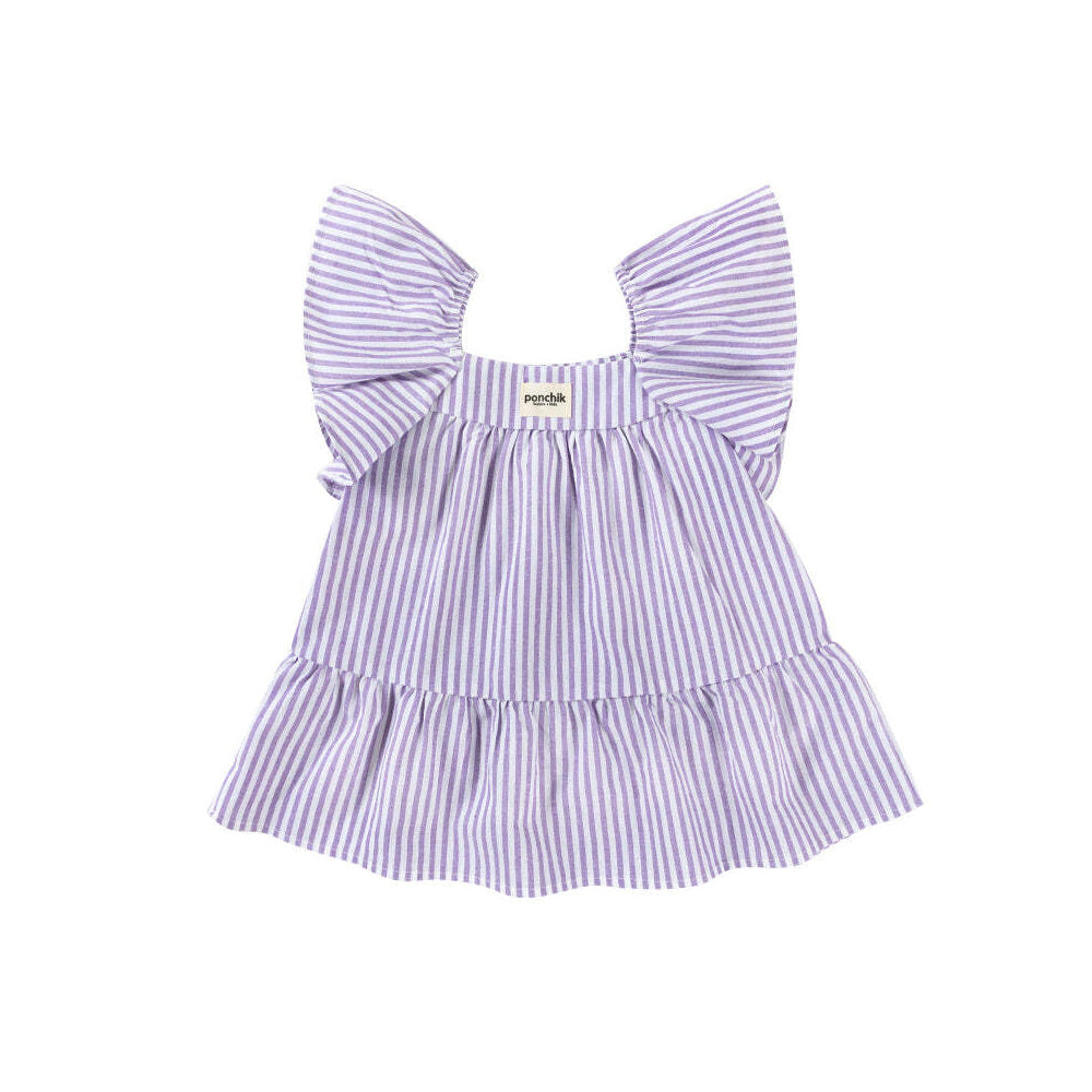 Ponchik Cotton Frill Sleeve Dress Lilac Stripe Size 3y