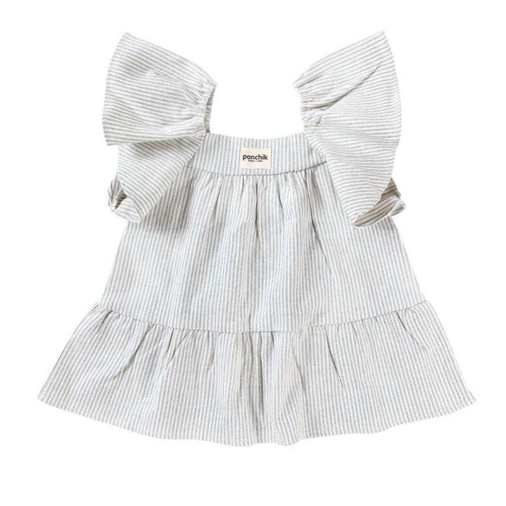 Ponchik Cotton Frill Sleeve Dress Ocean Stripe Size 3y