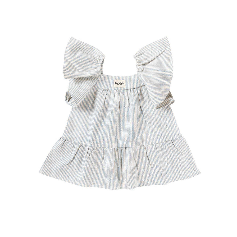 Ponchik Cotton Frill Sleeve Dress Ocean Stripe Size 6y