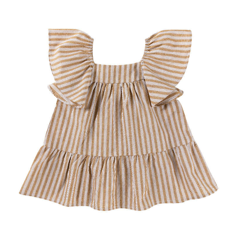 Ponchik Cotton Frill Sleeve Dress Wheat Stripe Size 6y