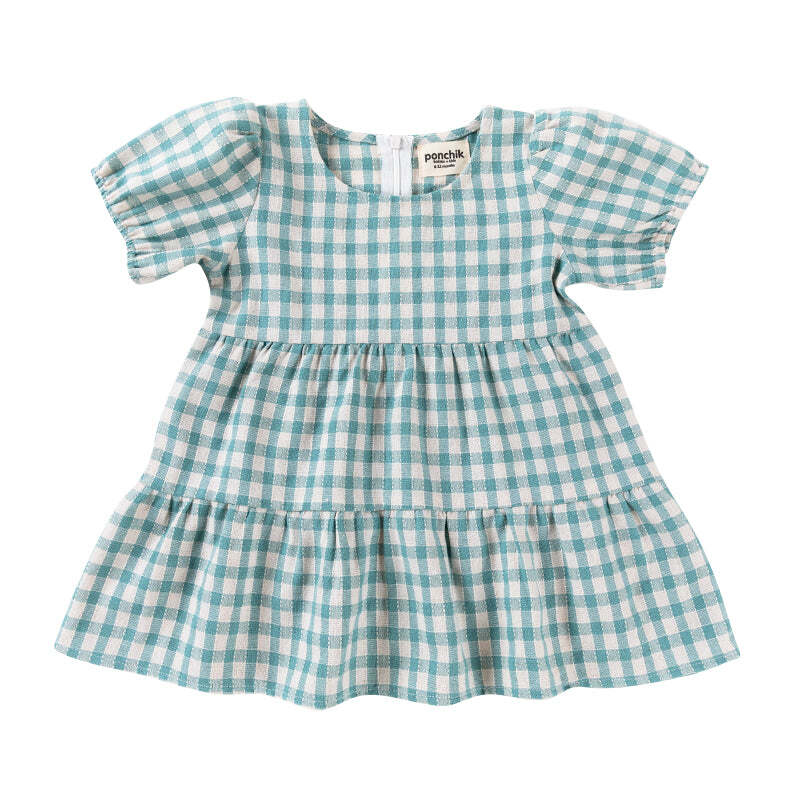 Ponchik Cotton Puff Sleeve Dress Peacock Gingham Size 3-6m