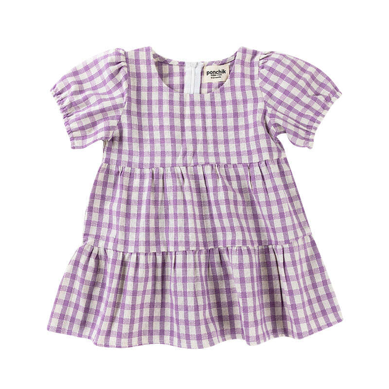Ponchik Cotton Puff Sleeve Dress Lilac Gingham Size 2y