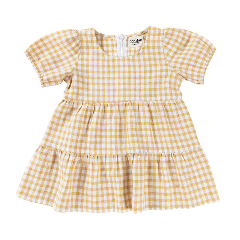 Ponchik Cotton Puff Sleeve Dress Wheat Gingham Size 6-12m