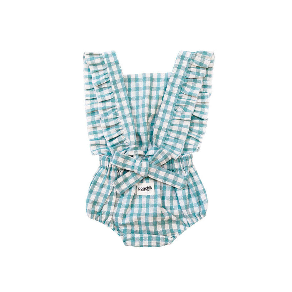 Ponchik Ruffle Back Romper Peacock Gingham Size 2y