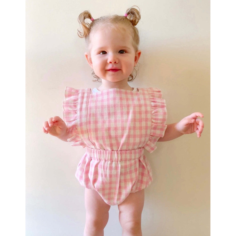 Ponchik Ruffle Back Romper Fairy Floss Gingham Size 3-6m