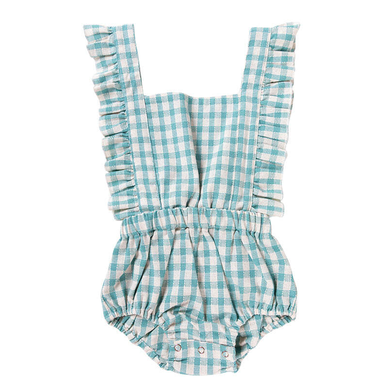 Ponchik Ruffle Back Romper Peacock Gingham Size 12-18m
