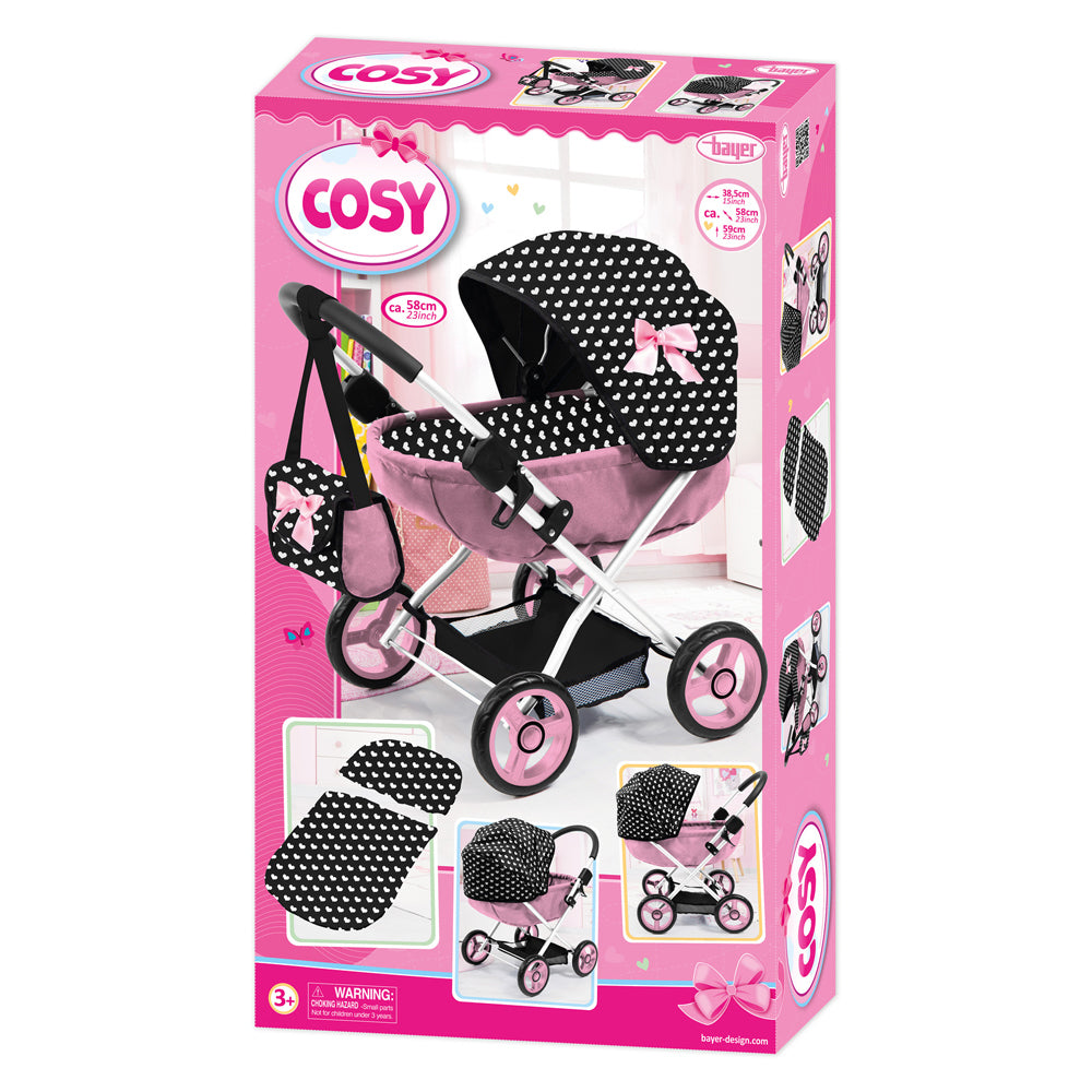21112760-bayer-58cm-cosy-folding-doll-pram-kids-children-toy-w-bag-pink-black-3y