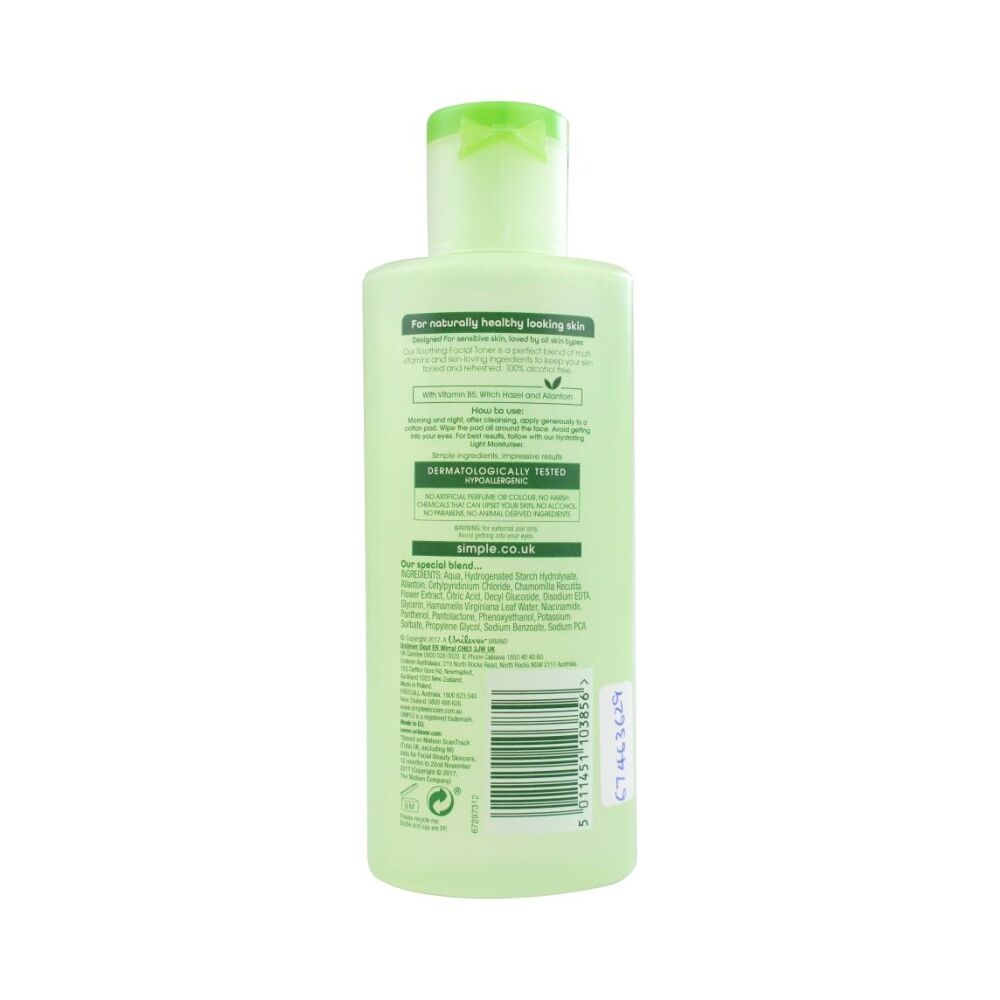 12PK Simple Soothing Facial Toner 100% Alcohol Free For All Skin Types 200ml