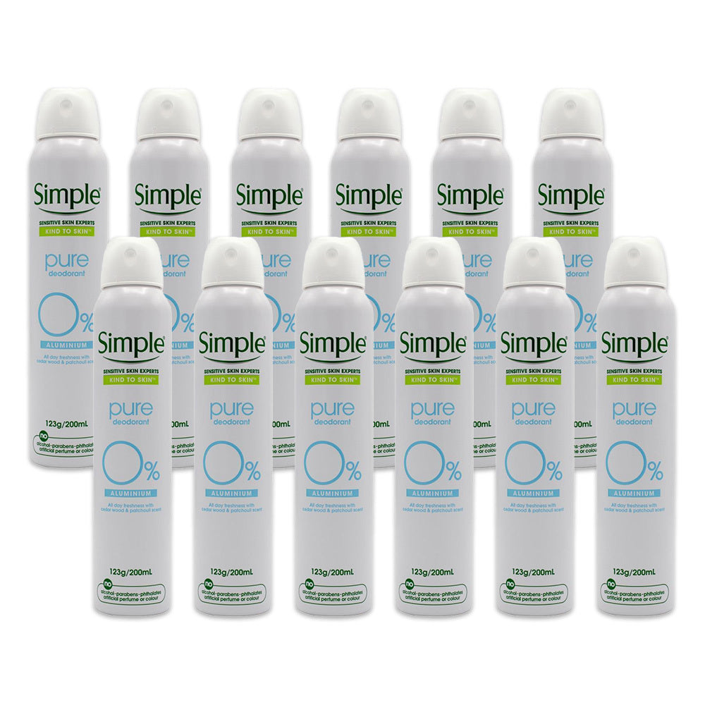 12PK Simple 123G Antiperspirant Sensitive Skin Experts Pure Body Spray Deodorant
