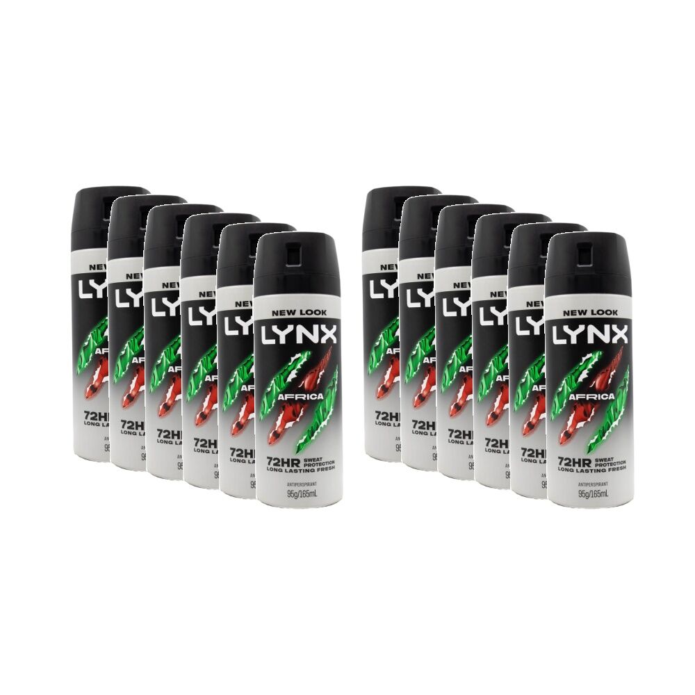 12PK Lynx Antiperspirant Deoderant Spray 72 Hr Protection 165ml Africa Scent