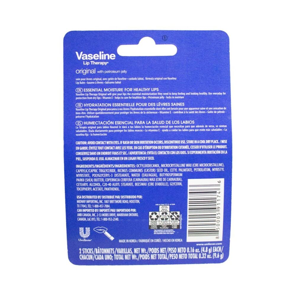 4x 2PK Vaseline Lip Balm Original Petroleum Jelly Moisture Therapy Stick 4.8g