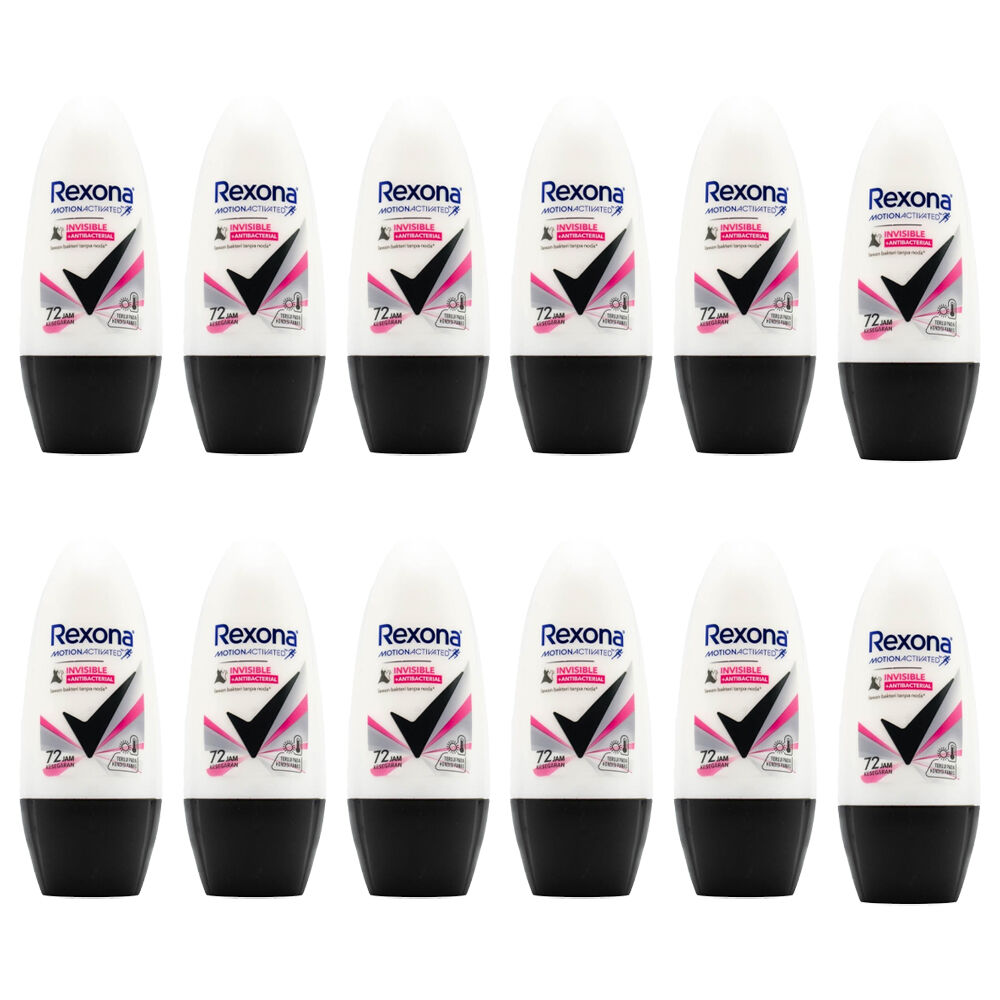 12PK Rexona 45ml Roll On Deodorant Invisible & Antibacterial