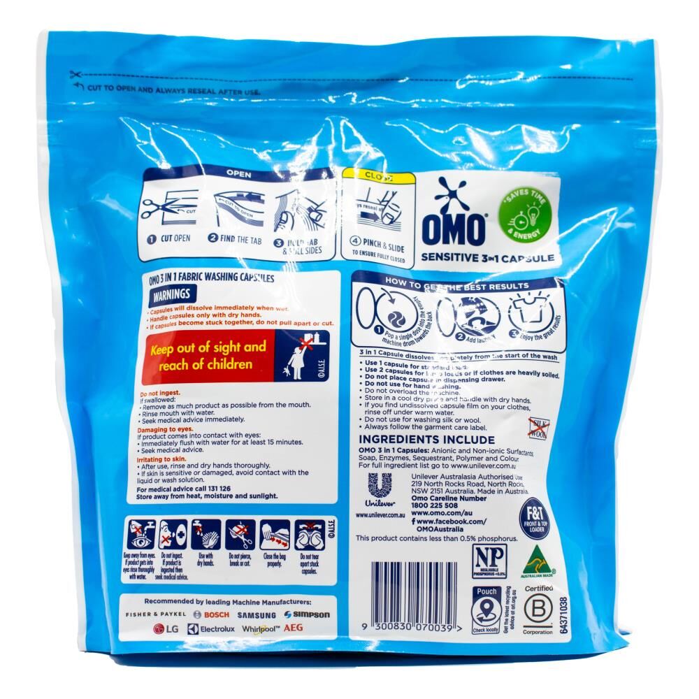 84pc Omo Sensitive 3 in 1 Fragrance Free Laundry Detergent Capsules