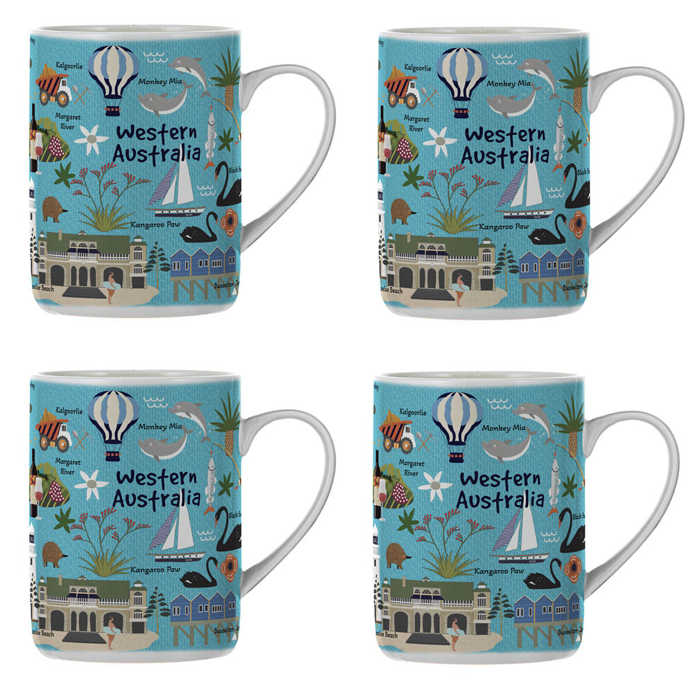4PK Ashdene Land Down Under WA Bone China Drinking Mug Blue 370ml