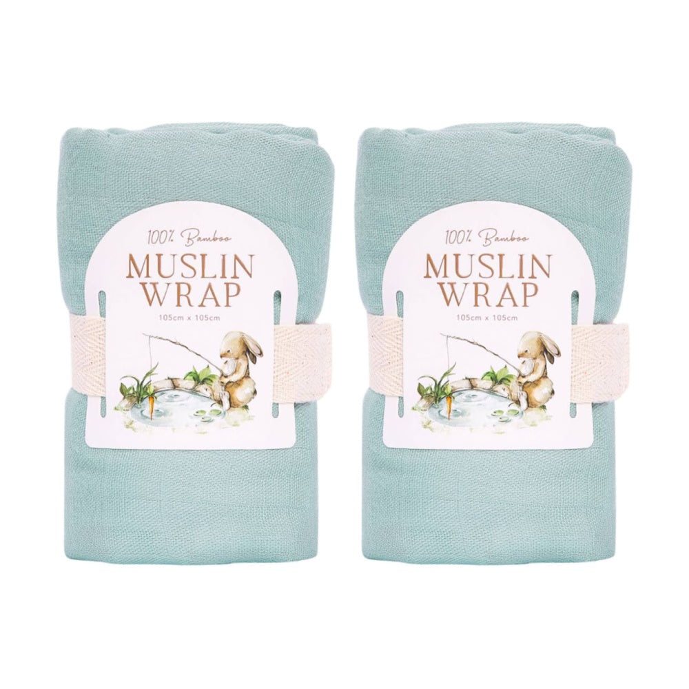 2PK Tiny Wonders Bamboo Muslin Wrap Soft Baby Blanket & Swaddle Sage 105x105cm