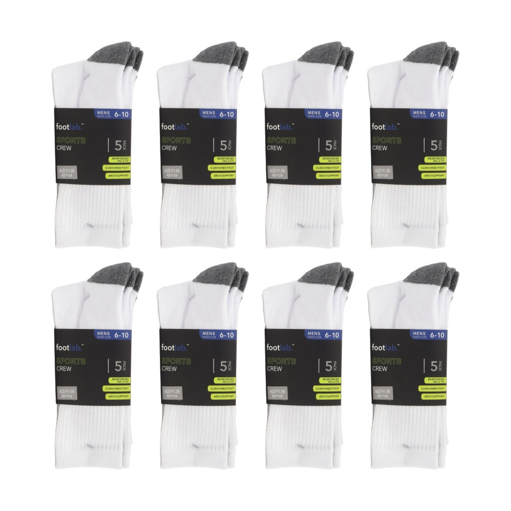 8x 5PK Footlab Men's Socks Sports Crew W/ Arch Support Shoe Size 6-10 White