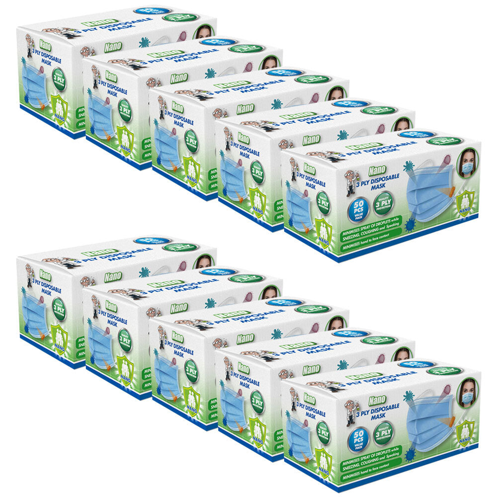 10x 50pc Nano 3 Ply Disposable Face Protection Health Safety Masks Blue