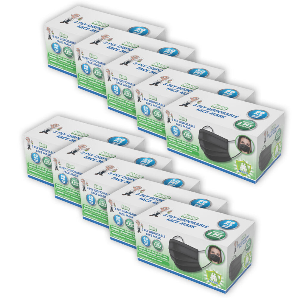 10PK NANO 50pc 3-Ply Disposable Protective Face Masks PPE Black