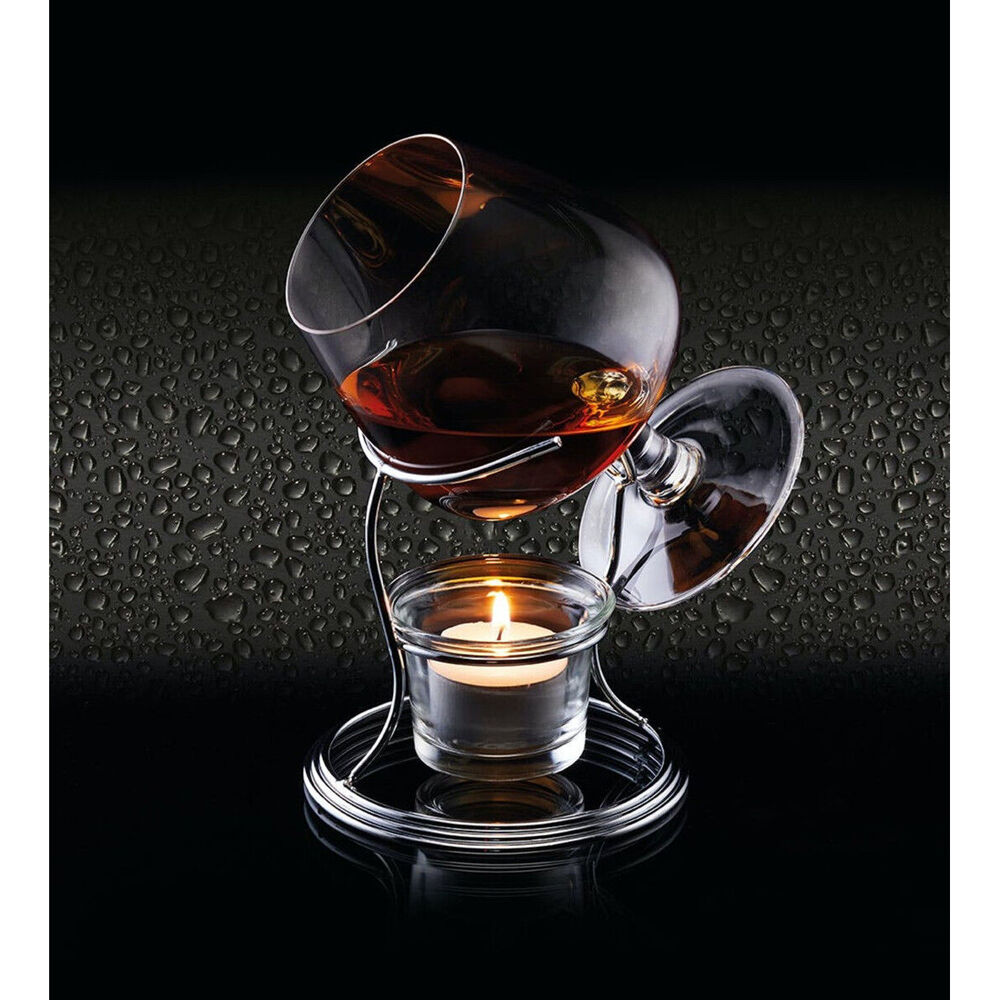 2PK BarCraft Brandy & Cognac Chrome/Glass 350ml Cup & Warmer Stand Set - Clear