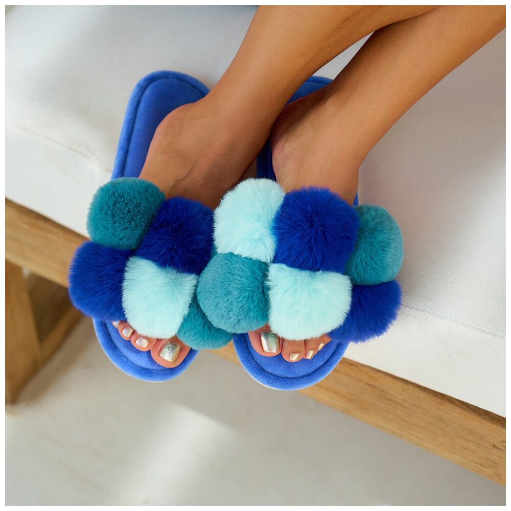 Annabel Trends Pom Pom Cosy Luxe Thongs Women's Slippers Shoes S/M Multi Blue