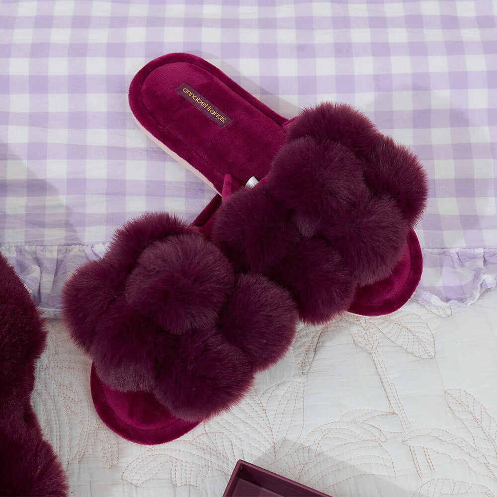 Annabel Trends Cosy Luxe Pom-Pom Bedroom Slip-On Slippers Mulberry