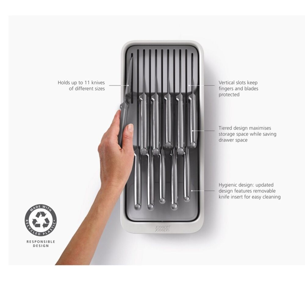 2PK Joseph Joseph 2-Tier Compact Knife Organiser Kitchen Storage Light Stone