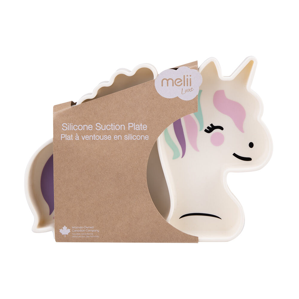 Melii Luxe Childrens Animal-Printed Round Silicone Suction Plate Unicorn 6m+