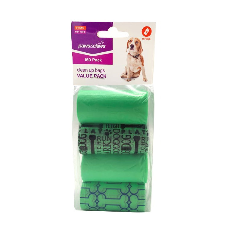 4PK Paws And Claws Clean Up Bags Value Pack 8 Rolls / 160 Bags Assorted