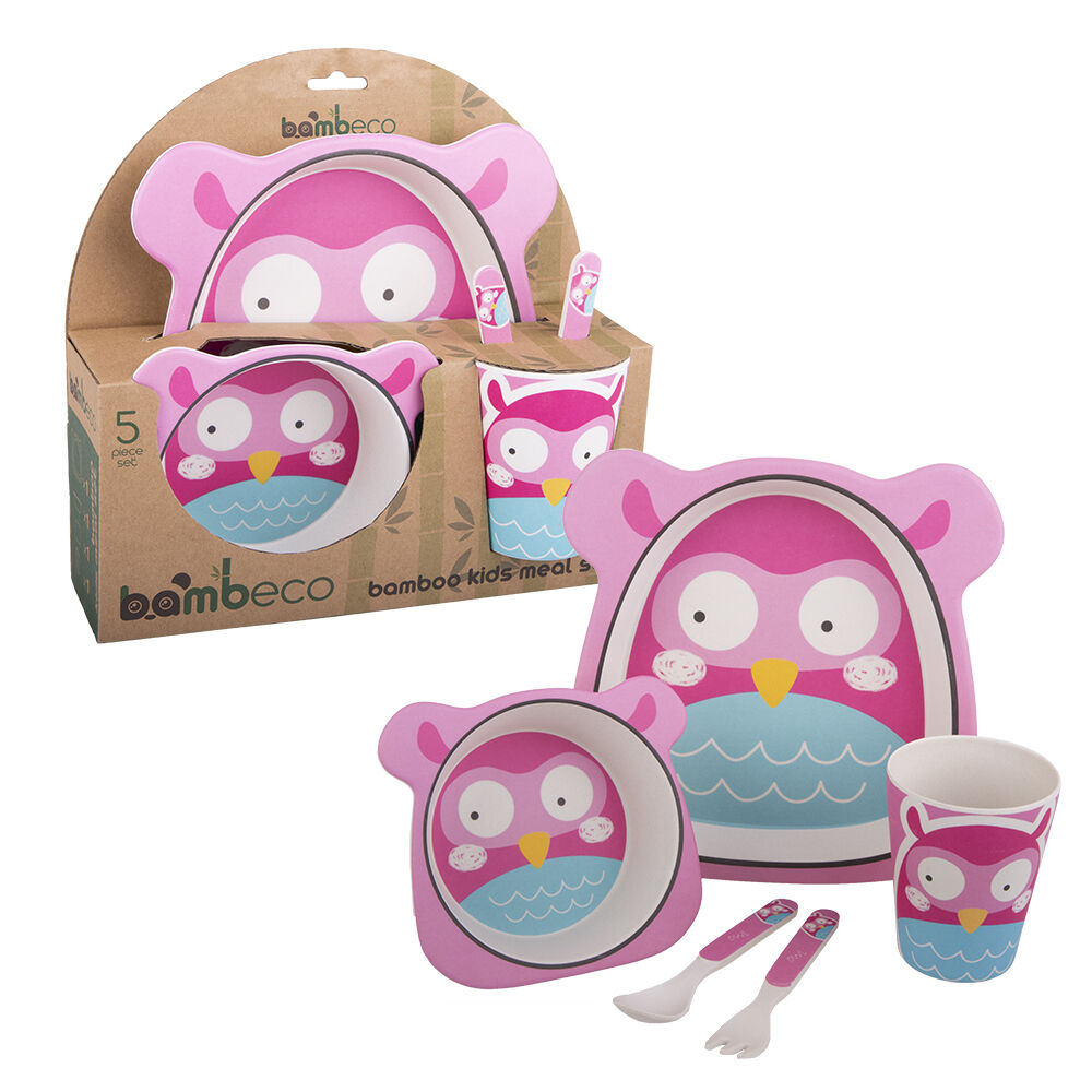 2x 5pc Bambeco Organic Bamboo Childrens Animal-Printed Meal Dining Set Owl