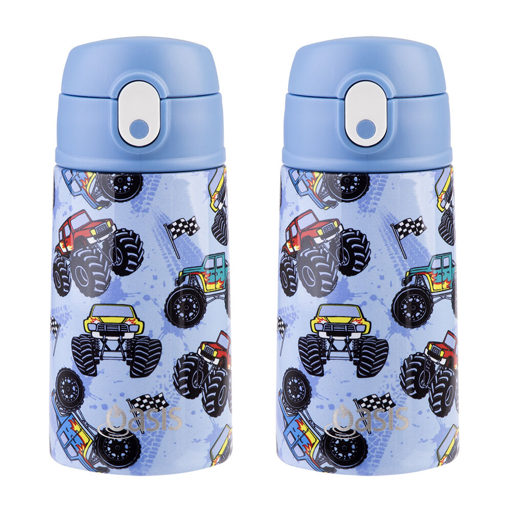 2PK Oasis Stainless Steel Insulated Kids Drink Bottle w/ Straw 400ml Monster Trucks